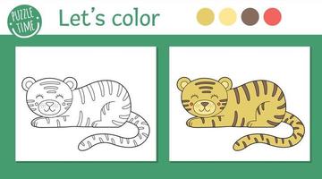 Página tropical para colorear para niños. ilustración de tigre vectorial. esquema de carácter animal divertido lindo. libro de colores de verano de la jungla para niños con versión en color y ejemplo vector