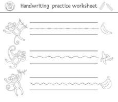 Vector handwriting practice worksheet. Printable black and white activity for pre-school children. Educational game for writing skills development. Tropical coloring page for kids with monkeys