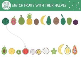 Tropical matching activity for children with fruits and their halves. Preschool jungle puzzle. Cute exotic educational riddle. Find the correct object printable worksheet. Simple summer game for kids vector