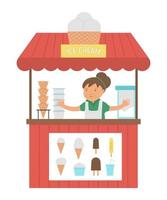 puesto de helado vectorial con el vendedor. ilustración plana del puesto de helados. tienda de postres de playa. linda foto de verano para niños.