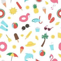 Vector seamless pattern with summer elements. Cute flat background for kids with palm tree, plane, sunglasses, funny inflatable rings. Vacation beach texture