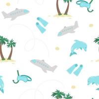 Vector seamless pattern with summer elements. Cute flat background for kids with palm tree, plane, pineapple, dolphin. Vacation beach texture. Flying to the island for diving concept.