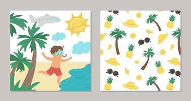 Vector boy running to the sea. Flat tropical beach illustration with funny kid, water, palm trees, sun. Cute summer concept for kids. Funny card or banner design template with pattern on the back side