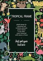 Vector vertical layout frame with cute exotic animals, leaves, flowers, fruits on black background. Funny banner design with tropical birds and plants. Jungle summer card template