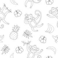 Vector black and white seamless pattern with cute monkeys and bananas. Funny tropical animals and fruit digital paper. Monochrome background for children. Jungle summer texture