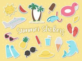 Vector set of summer stickers isolated. Cute flat illustration for kids with palm tree, plane, sunglasses, funny inflatable ring. Vacation beach objects.  Design for print.