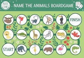 Tropical adventure board game for children with cute animals, plants, birds. Educational exotic boardgame. Name the animals activity. Summer game for kids vector