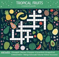 Vector summer crossword puzzle for kids. Quiz with tropical fruits for children. Educational jungle activity with cute food elements