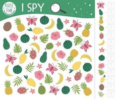 Tropical I spy game for kids. Exotic searching and counting activity for preschool children with cute elements. Funny jungle game for kids. Logical quiz printable worksheet. Simple summer game. vector