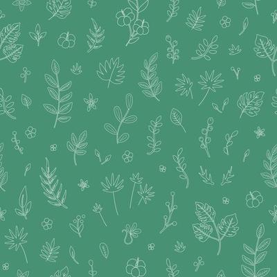 Vector tropical flowers leaves and twigs seamless pattern. Jungle foliage and florals texture. Hand drawn flat exotic plants digital paper. Bright childish summer white greenery on green background.
