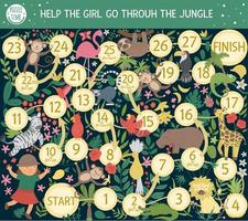 Tropical adventure board game for children with cute animals, plants, birds, fruits. Educational exotic  boardgame. Help the girl go through the jungle. Summer game for kids