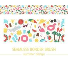 Vector seamless border with summer elements. Cute flat background for kids with palm tree, plane, sunglasses, funny inflatable rings. Vacation beach pattern brush