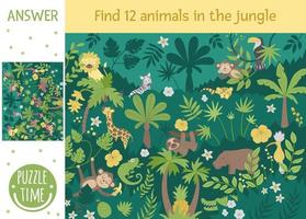 juego de búsqueda tropical para niños con lindos personajes divertidos. encuentra animales y pájaros escondidos en la jungla. sencillo juego de verano. vector