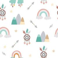 Vector boho ornament. Bohemian seamless pattern with stars, arrows, mountains, dreamcatcher and rainbow. Wild and free repeating background. Ethnic native American or tribal digital paper