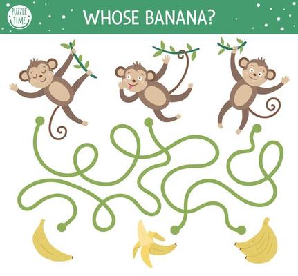 Tropical maze for children. Preschool exotic activity. Funny jungle puzzle with cute monkeys and fruit. Whose banana. Simple summer game for kids