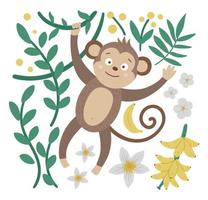 linda composición vectorial con mono colgando de liana, plátanos y hojas tropicales. divertida ilustración de animales. imagen plana brillante para niños. imágenes prediseñadas de verano de la selva vector
