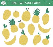 Find two same fruits. Tropical matching activity for preschool children with cute tropic fruit. Funny jungle puzzle for kids. Logical quiz worksheet. Simple summer game for kids vector