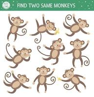 Find two same monkeys. Tropical matching activity for preschool children with cute animals. Funny jungle puzzle for kids. Logical quiz worksheet. Simple summer game for kids vector