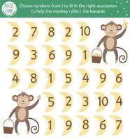 Tropical math game with cute characters. Jungle mathematic maze activity for preschool children. Choose numbers from 1 to 10 to help the monkey collect the bananas. Simple summer game for kids