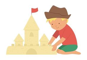 Vector kid constructing sand castle. Child doing beach activity. Cute boy isolated on white background. Fun summer illustration