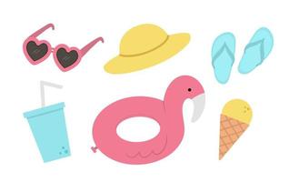 Vector set of summer clipart elements isolated on white background. Cute flat illustration for kids with sunglasses, hat, flip flops, drink, funny inflatable ring, ice cream. Vacation beach objects.