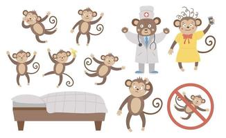 Vector set with cute five little monkeys, mommy, doctor, bed isolated on white background. Funny nursery rhyme and song illustration. Bright flat picture for children. Jungle summer clip art