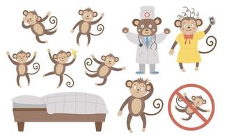 conjunto vectorial con lindos cinco monitos, mamá, doctor, cama aislada en fondo blanco. divertida rima infantil e ilustración de canciones. imagen plana brillante para niños. imágenes prediseñadas de verano de la selva vector