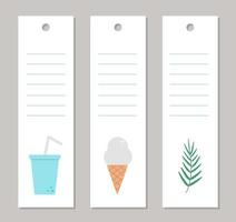 Set of vector summer bookmarks with palm tree leaf, ice cream, drink. Funny vacation or holidays vertical card templates with cute beach objects.