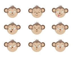 Vector monkey faces with different emotions. Set of animal emoji stickers. Heads with funny expressions isolated on white background. Cute avatars collection