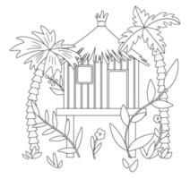 ilustración vectorial en blanco y negro de la jungla con palmeras y hojas. bosquejo de bungalow tropical sobre pilotes. linda casa exótica divertida en la selva tropical. divertida página para colorear para niños vector
