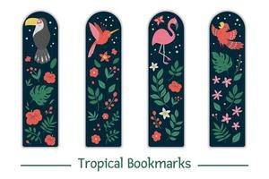 Vector set of bookmarks for children with tropical birds, leaves, flowers. Cute smiling toucan, flamingo, paradise bird, parrot on dark blue background. Vertical layout card templates.