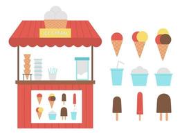Vector ice cream stall with menu. Flat ice-cream stand illustration. Flat beach dessert shop. Cute summer picture for kids.