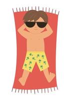 Vector kid lying in the sun. Child doing beach activity. Cute sunbathing boy isolated on white background. Fun summer illustration