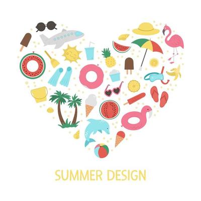 Vector heart shaped frame with summer clipart elements isolated on white background. Funny banner design with cute palm tree, plane, sunglasses, funny inflatable rings. Vacation summer card template