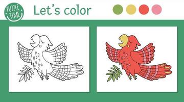 Tropical coloring page for children. Vector parrot illustration. Cute funny animal character outline. Jungle summer color book for kids with colored version and example