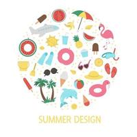 Vector round frame with summer clipart elements isolated on white background. Funny banner design with cute palm tree, plane, sunglasses, funny inflatable rings. Vacation beach summer card template