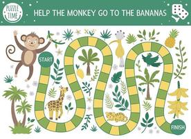 Tropical adventure board game for children with cute animals, plants, birds. Educational exotic boardgame. Help the monkey go to the bananas. Summer game for kids vector