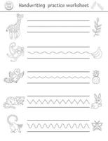 Vector handwriting practice worksheet. Printable black and white activity for pre-school children. Educational game for writing skills development. Tropical coloring page for kids with animals