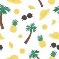 Vector seamless pattern with summer elements. Cute flat background for kids with palm tree, pineapple, sunglasses, seashells. Vacation beach texture