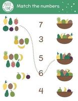 Matching game with baskets and exotic fruits. Tropical math activity for preschool children. Tropic counting worksheet. Educational riddle with cute funny elements. Simple summer game for kids