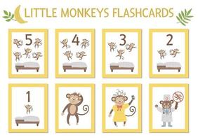 Vector set of educational flashcards with cute five little monkeys, mommy, doctor, bed. Funny nursery rhyme and song illustration. Bright printable cards for teaching counting. Jungle summer clip art