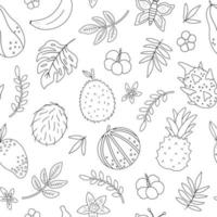 Vector tropical black and white seamless pattern with fruit, flowers and leaves. Jungle foliage and florals digital paper. Hand drawn exotic plants background. Monochrome childish summer texture