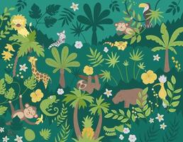 Vector background with cute exotic animals, leaves, flowers, fruits. Funny tropical scene with birds and plants. Bright flat illustration for children. Jungle summer clip art