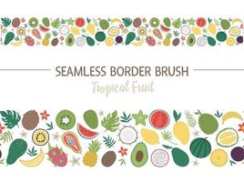 Vector seamless pattern brush with tropical fruit and berries with slices and halves. Jungle foliage border background. Hand drawn flat exotic plants texture. Bright childish horizontal digital paper