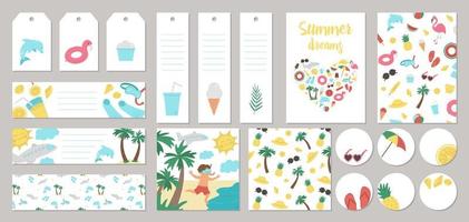 Set of vector summer gift tags, labels, pre-made designs, bookmarks with palm tree, plane, sunglasses, inflatable rings. Funny vacation or holidays card templates with cute beach objects.