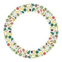 Vector round frame with tropical fruit and berries with slices and halves. Jungle foliage banner design framed in circle. Cute funny card template with exotic plants.