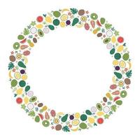 Vector round frame with tropical fruit and berries with slices and halves. Jungle foliage banner design framed in circle. Cute funny card template with exotic plants.