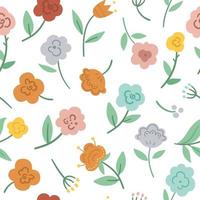 Vector floral seamless pattern. Hand drawn flat simple trendy illustration with flowers and leaves. Bohemian repeating background with plants. Boho digital paper