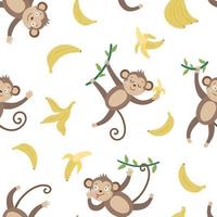 patrón transparente de vector con lindos monos y plátanos. divertidos animales tropicales y papel digital de frutas. fondo plano brillante para niños. textura de verano de la selva