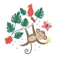 Vector cute monkey hanging on liana with banana, parrot isolated on white background. Funny tropical animal, plants and fruit illustration. Bright flat picture for children. Jungle summer composition